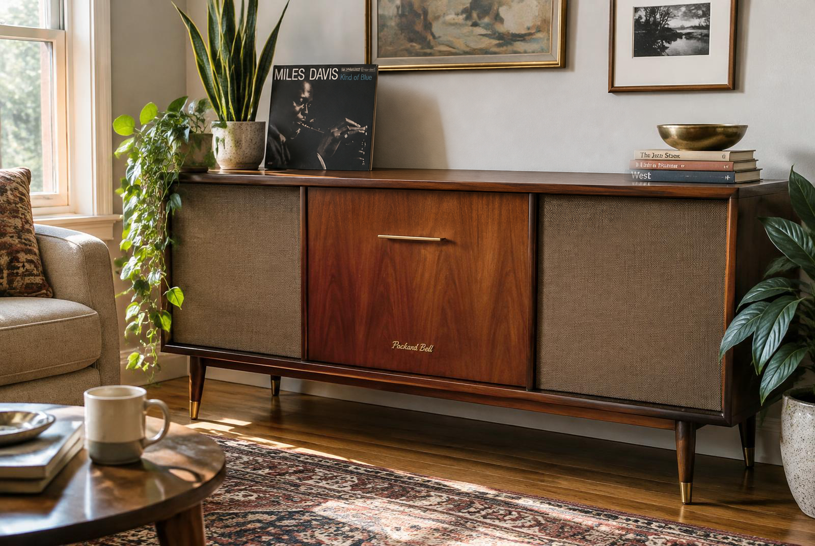 Restored Packard Bell console in a sunlit living room